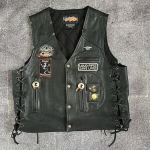 Men's Vintage 90's Easyriders Black Leather Motorcycle Patch Vest Jacket Sz L